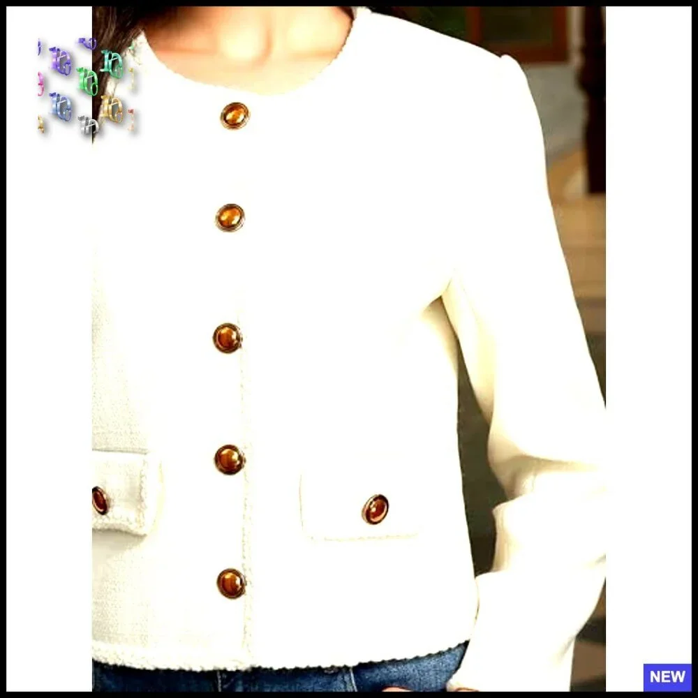 Cropped Tweed Blazer Vintage Golden Buttons Collarless Shacket Outerwear Classic